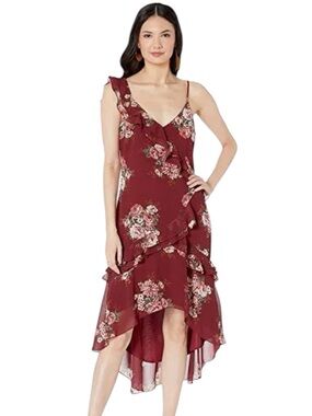 WAYF Marilyn Tier Ruffle Dress Burgundy Floral